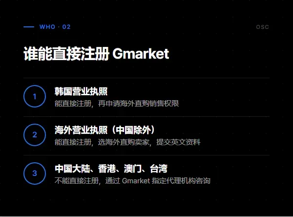 谁能直接注册 Gmarket:韩国营业执照和中国以外的海外营业执照可以直接注册,中国大陆、香港、澳门、台湾需通过指定代理机构