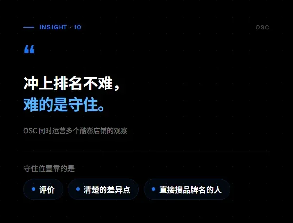 引语图：冲上排名不难，难的是守住；守住靠评价、清楚的差异点和直接搜品牌名的人。