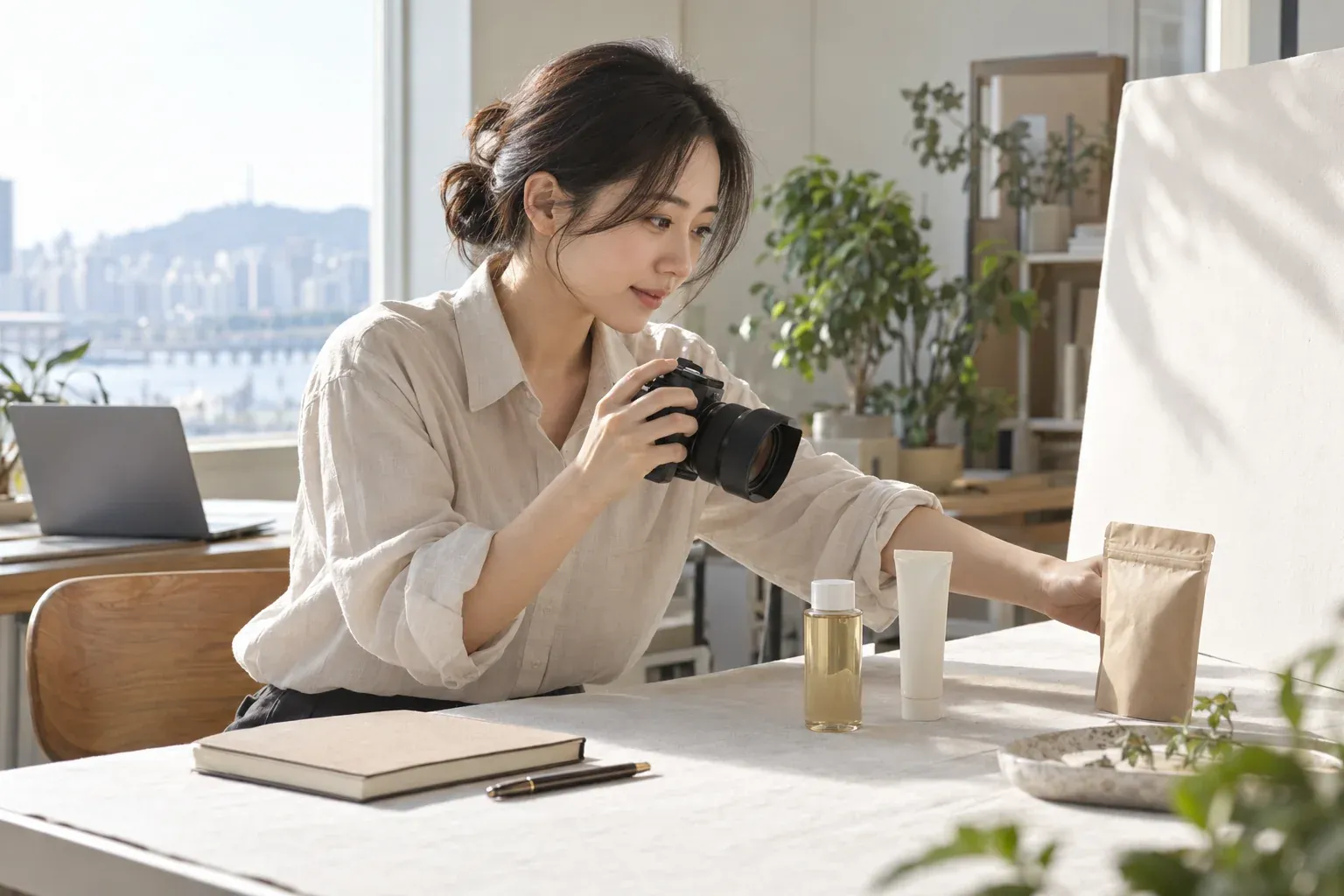 ソウルのオフィスで、韓国の通販サイトに載せる商品写真を撮るため、商品サンプルを並べてカメラを構える担当者。