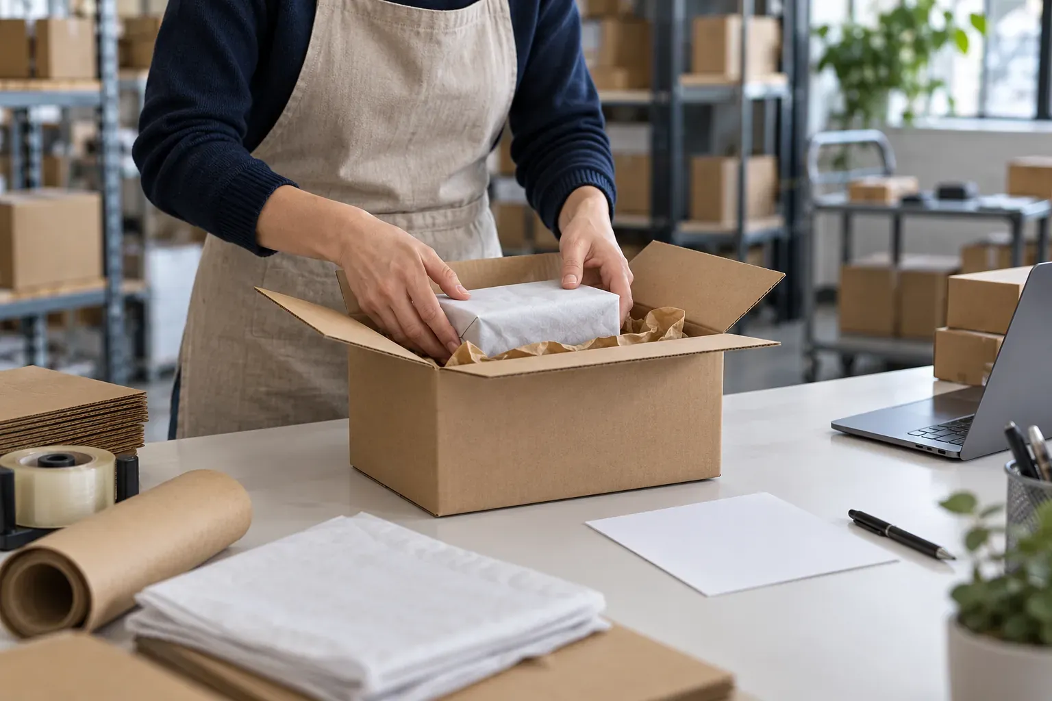 A seller packing a product into a plain shipping box