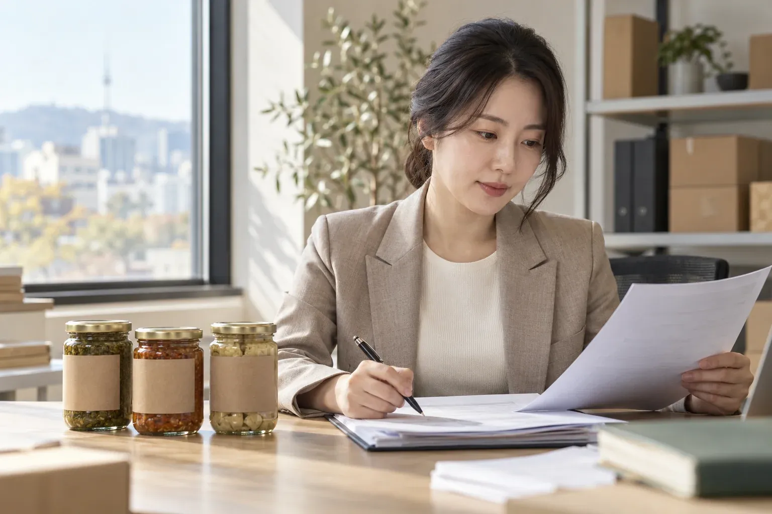 A Korean import manager checks import paperwork beside sample jars from a foreign food brand.