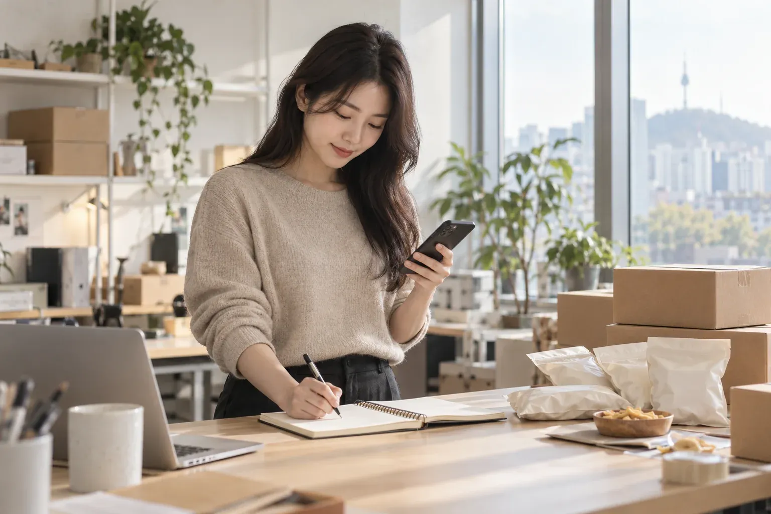 A Korean e-commerce manager plans a foreign snack brand's online launch with a smartphone and a notebook.