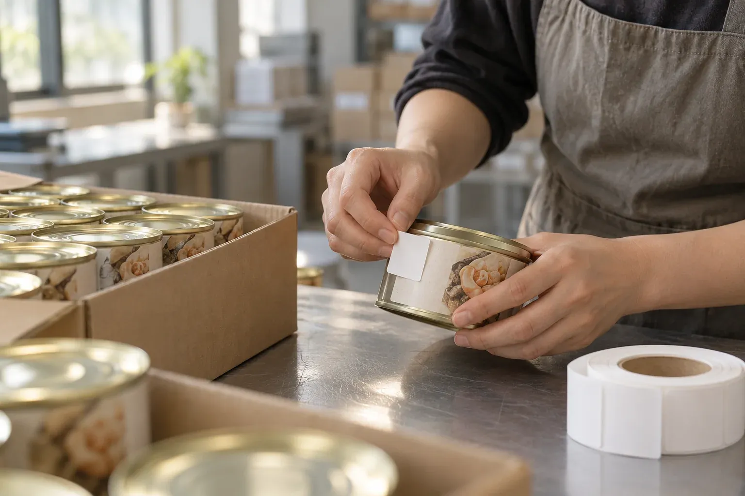 Hands in a Korean warehouse press a small blank sticker onto a plain panel of an imported food tin's label, clear of the product artwork.