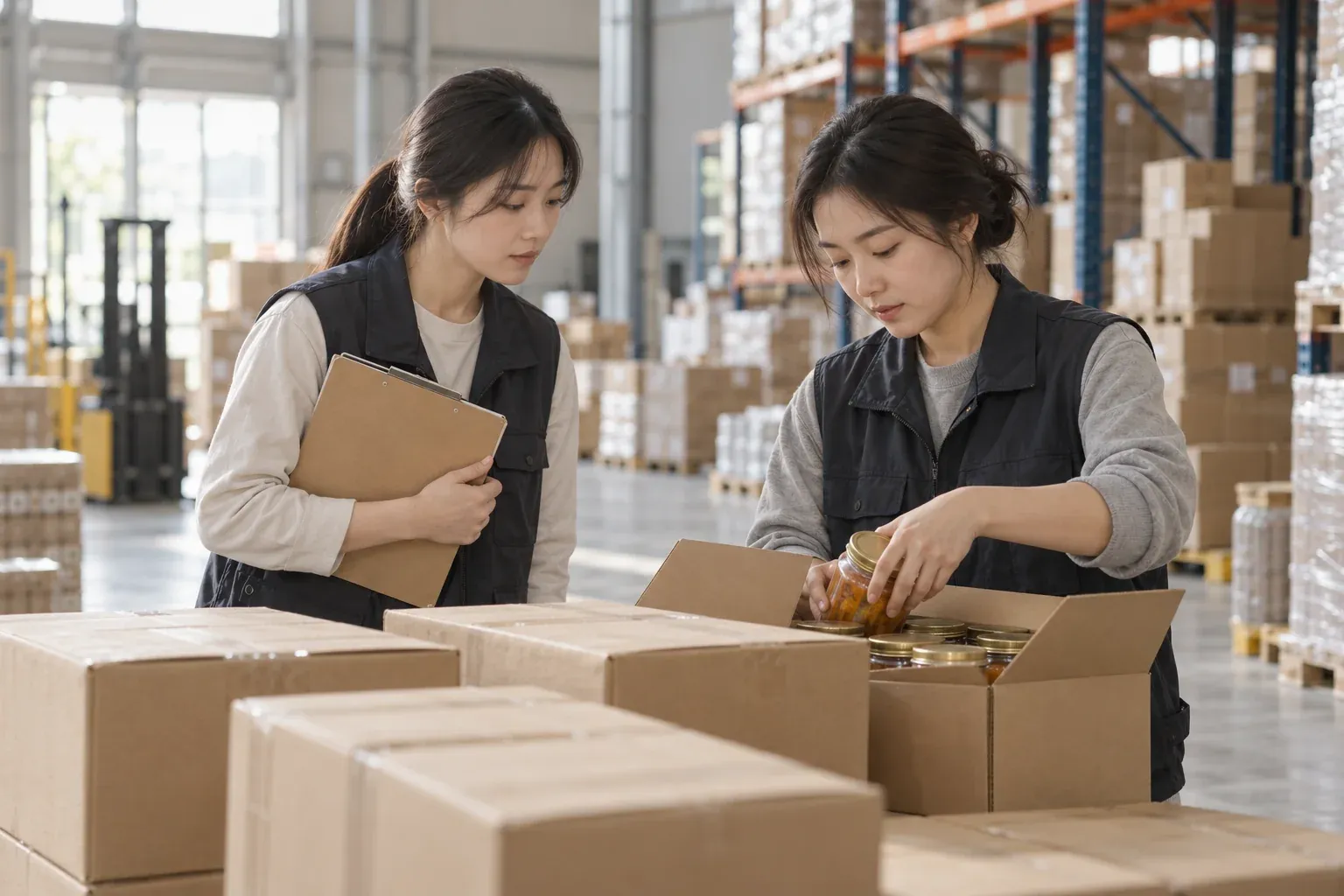 Two warehouse staff in Korea check cartons of stock, one lifting a jar from an open carton while the other holds a clipboard.