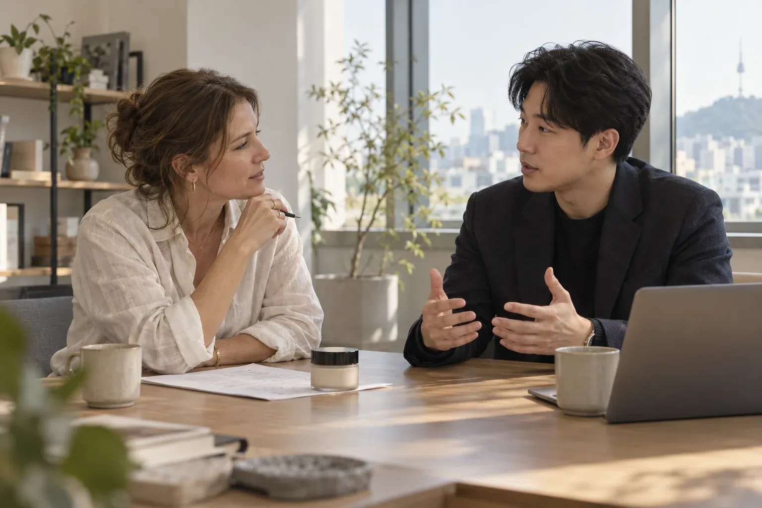 A brand representative listens as a Korean account manager explains across a meeting table in Seoul.