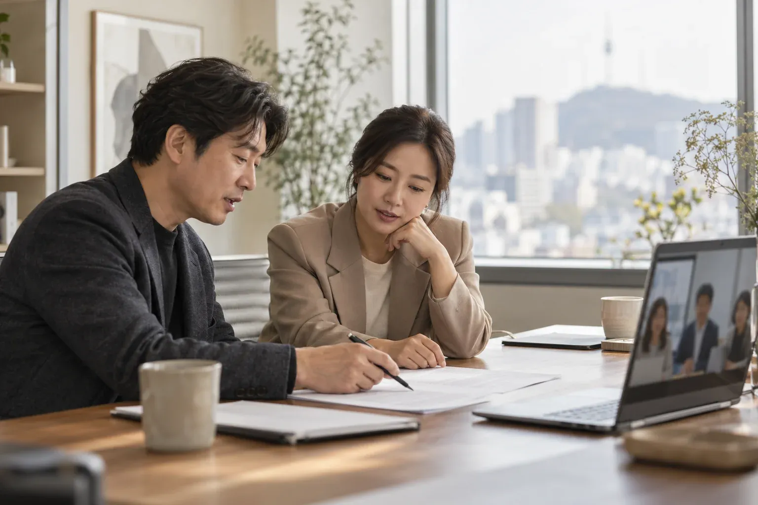 Two Korean partners review a printed contract, with a video call open on a laptop beside them.