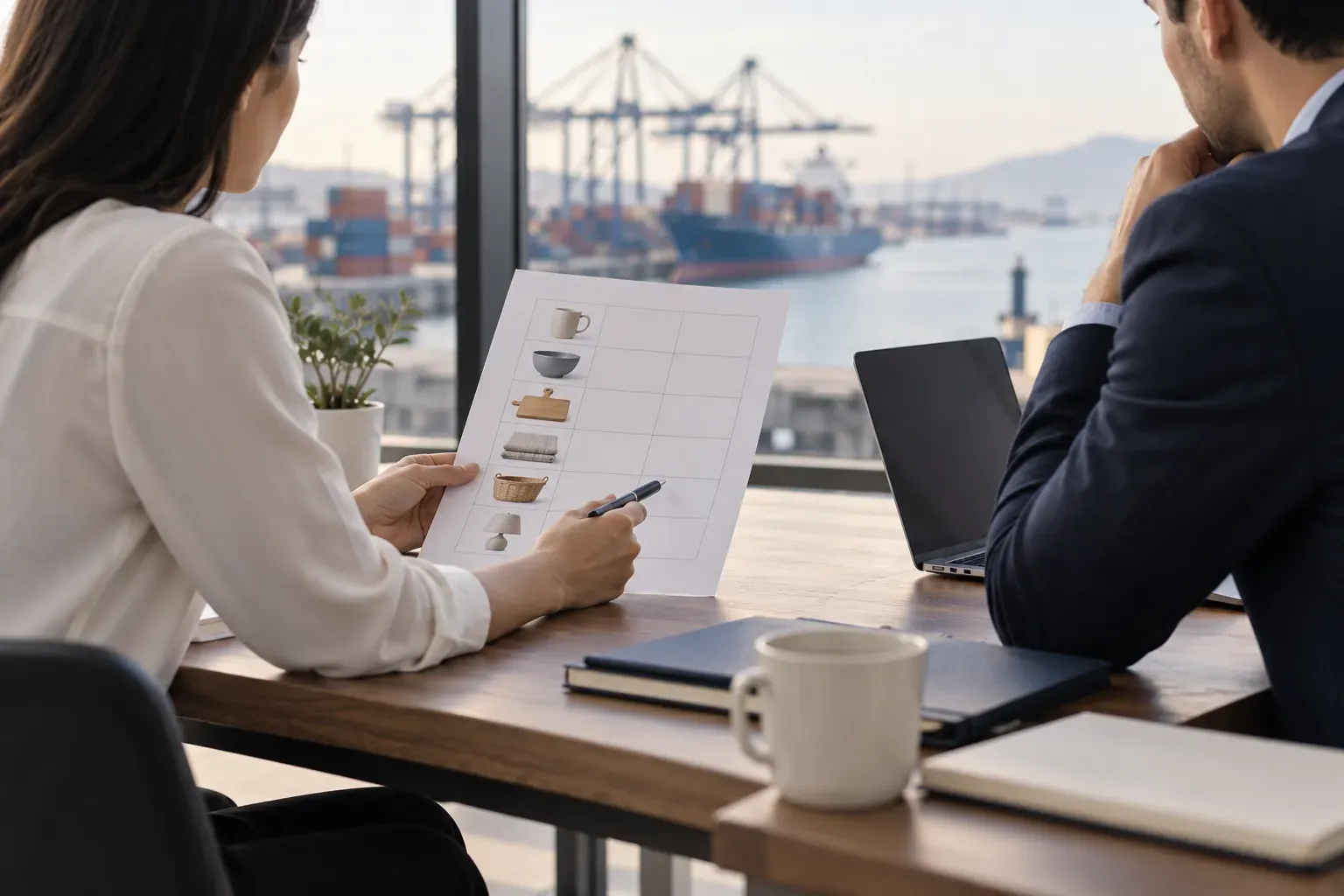 Two people reviewing a product list at a meeting table