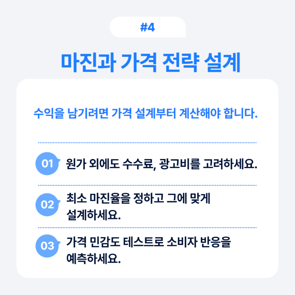 상품 기획 프로세스 5단계 중 4단계: 마진과 가격 전략 설계 - 원가 외에도 수수료와 광고비 고려, 최소 마진율 설정, 가격 민감도 테스트로 소비자 반응 예측
