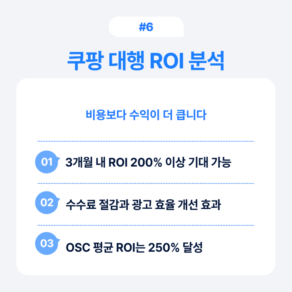 쿠팡 판매 대행 ROI 분석 - 3개월 내 200% 이상 ROI, 수수료 절감과 광고 효율 개선, OSC 평균 ROI 250% 달성