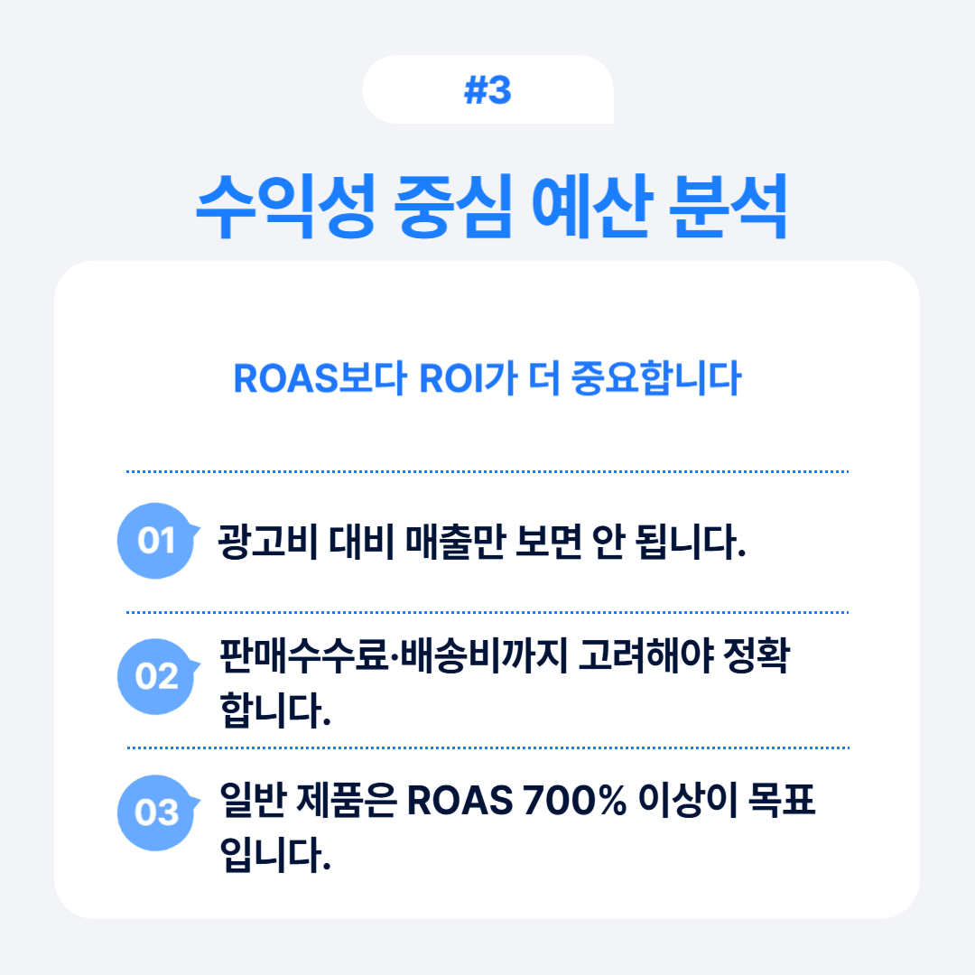 쿠팡 광고 예산 최적 전략 가이드 3 수익성 중심으로 ROAS보다 ROI가 더 중요하다는 내용을 담고 있습니다.