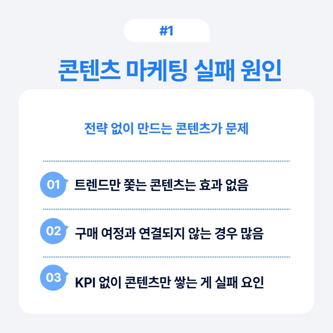 콘텐츠 마케팅 실패의 주요 원인으로는 트렌드에만 의존하는 것과 KPI 없이 제작하는 것이 있습니다.