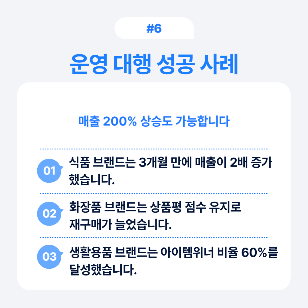 운영 대행의 성공 사례를 통해 매출 상승 가능성을 소개합니다.