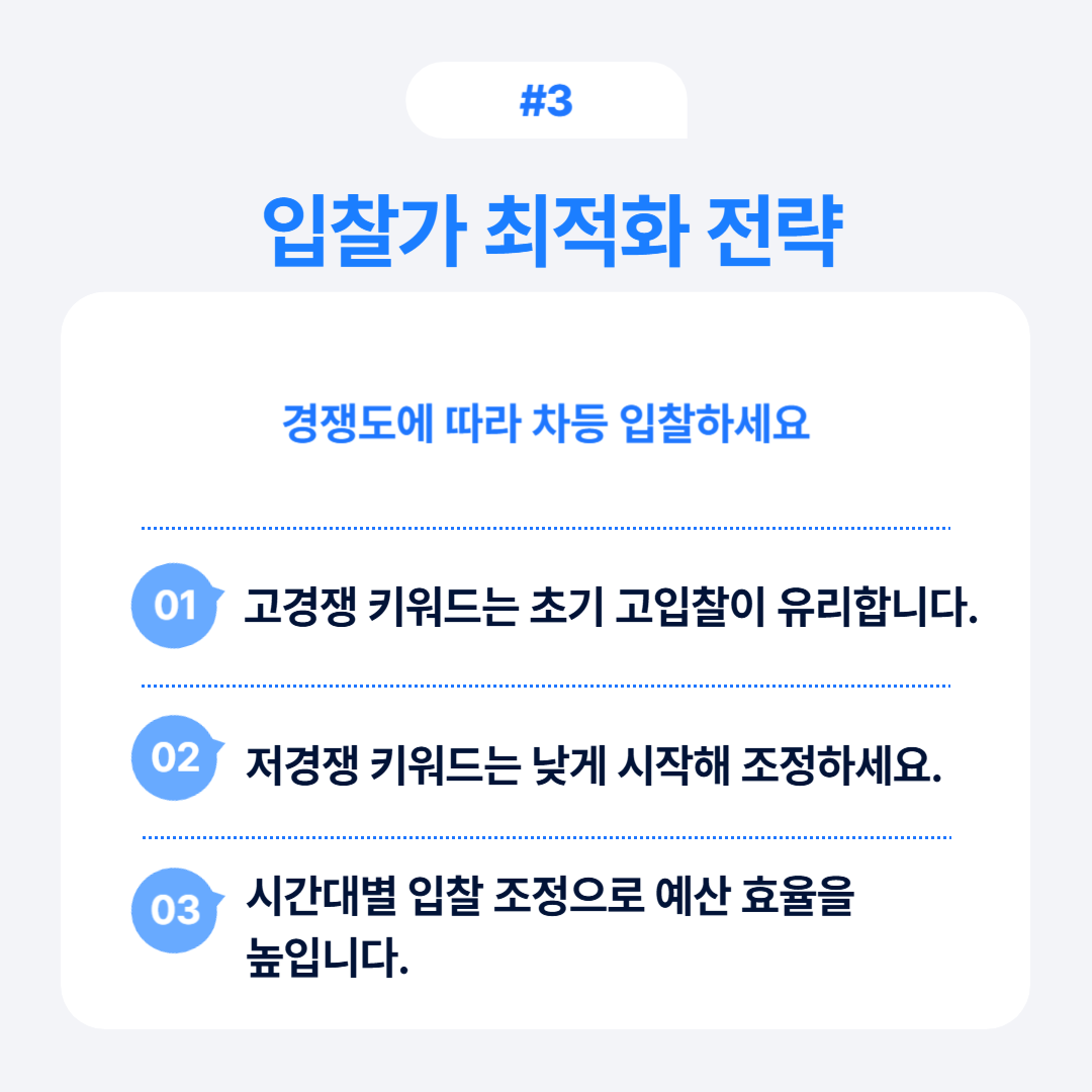 입찰가 최적화 전략과 경쟁도에 따른 차등 입찰의 중요성에 대해 다루고 있습니다.