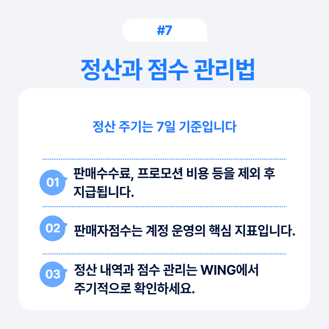 정산 주기와 점수 관리법에 관한 설명으로, 판매 수수료와 프로모션 비용 내용 포함.