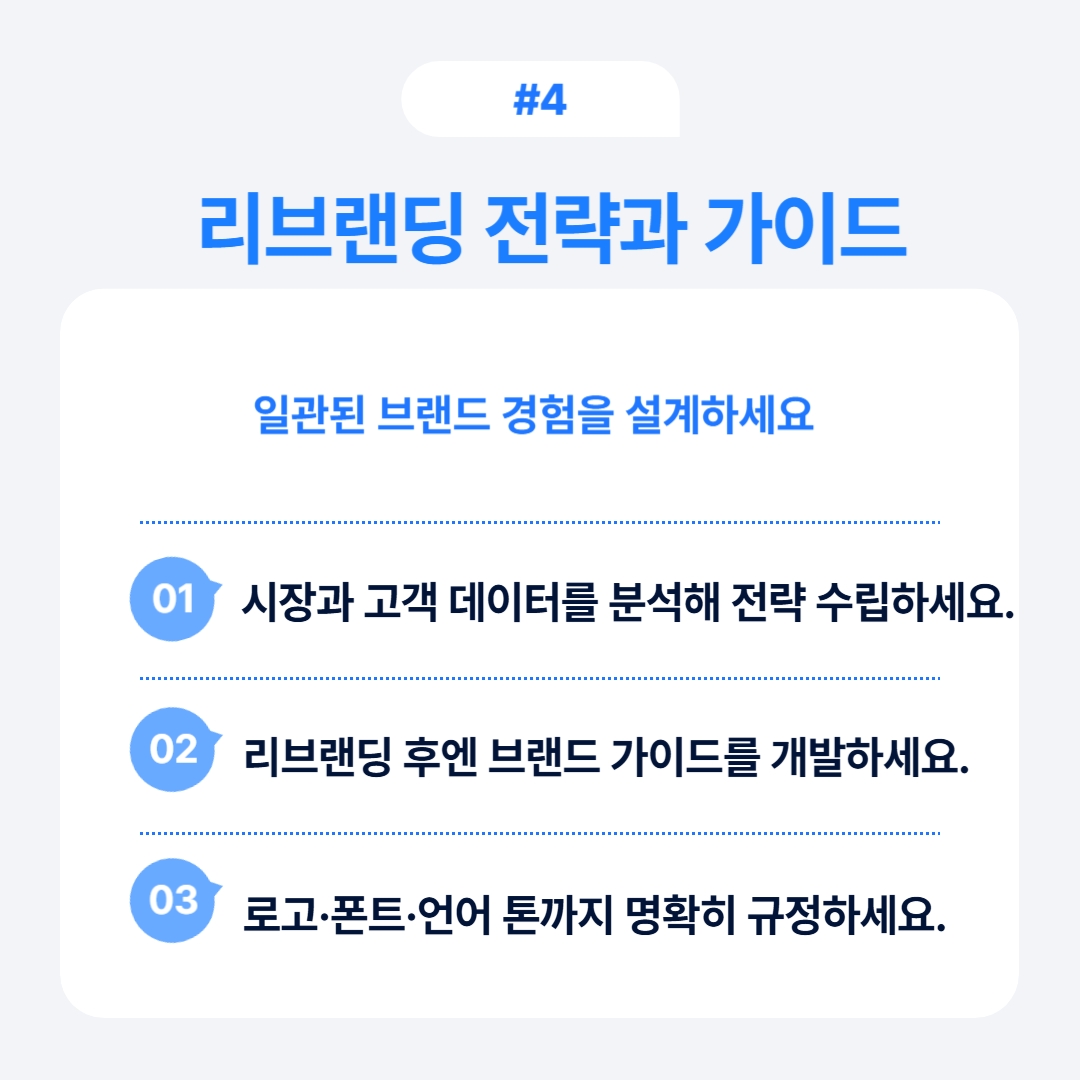 리브랜딩 vs 리뉴얼 선택 기준 정리 4 브랜드 리브랜딩 전략과 가이드를 설명하는 시각 자료