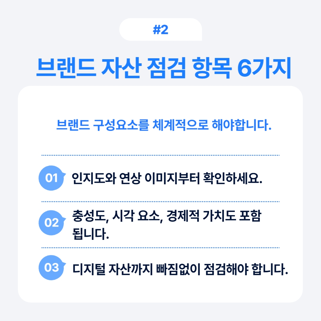 리브랜딩 전 브랜드 자산 점검 6단계 2 브랜드 점검 시 고려해야 할 구성 요소에 대한 설명.