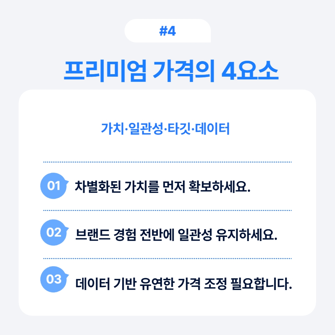 프리미엄 가격의 네 가지 요소인 가치, 일관성, 타깃, 데이터에 대해.