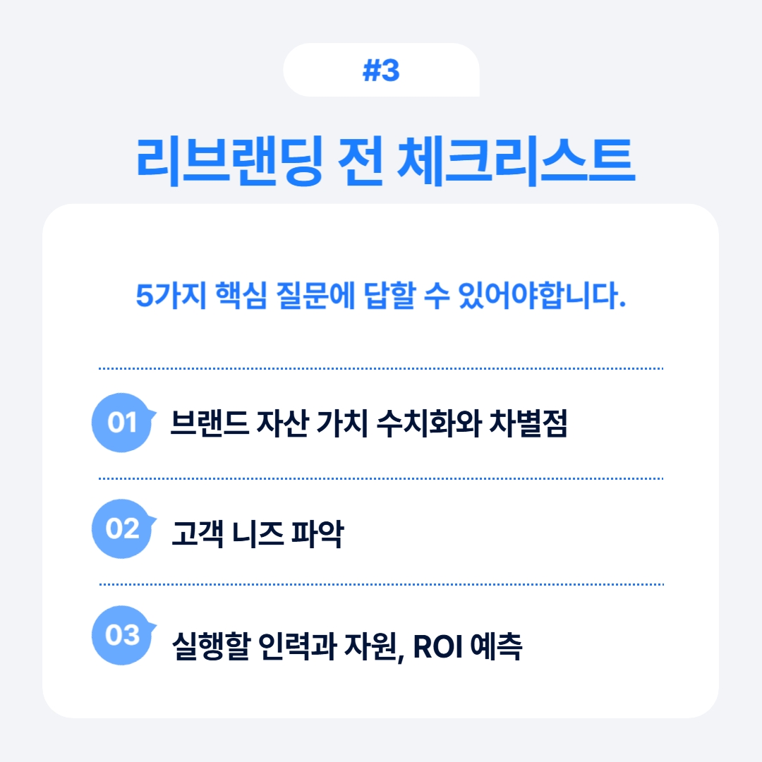 브랜드 리브랜딩을 위한 체크리스트와 핵심 질문에 대한 내용.