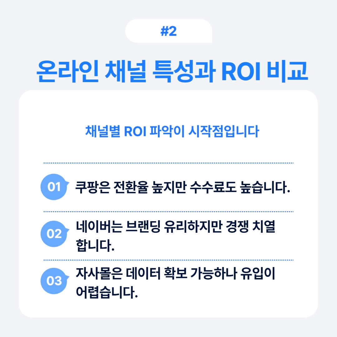 각 온라인 채널의 특성과 ROI를 비교 분석하여 전략을 수립한다.