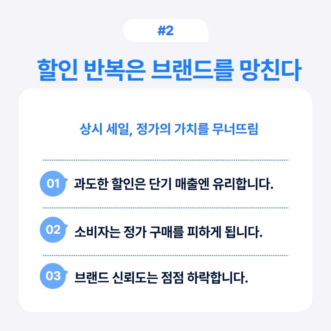 과도한 할인이 브랜드 가치에 미치는 부정적 영향 설명.