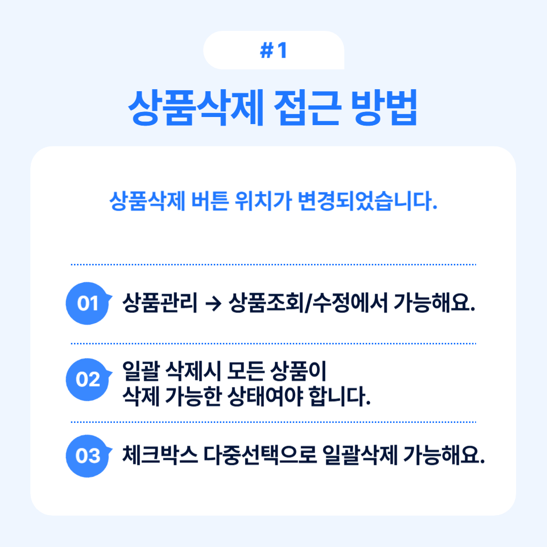 상품 삭제 접근 방법을 안내하며 상품 관리에서 상품 조회/수정으로 접근하는 내용을 담고 있습니다.