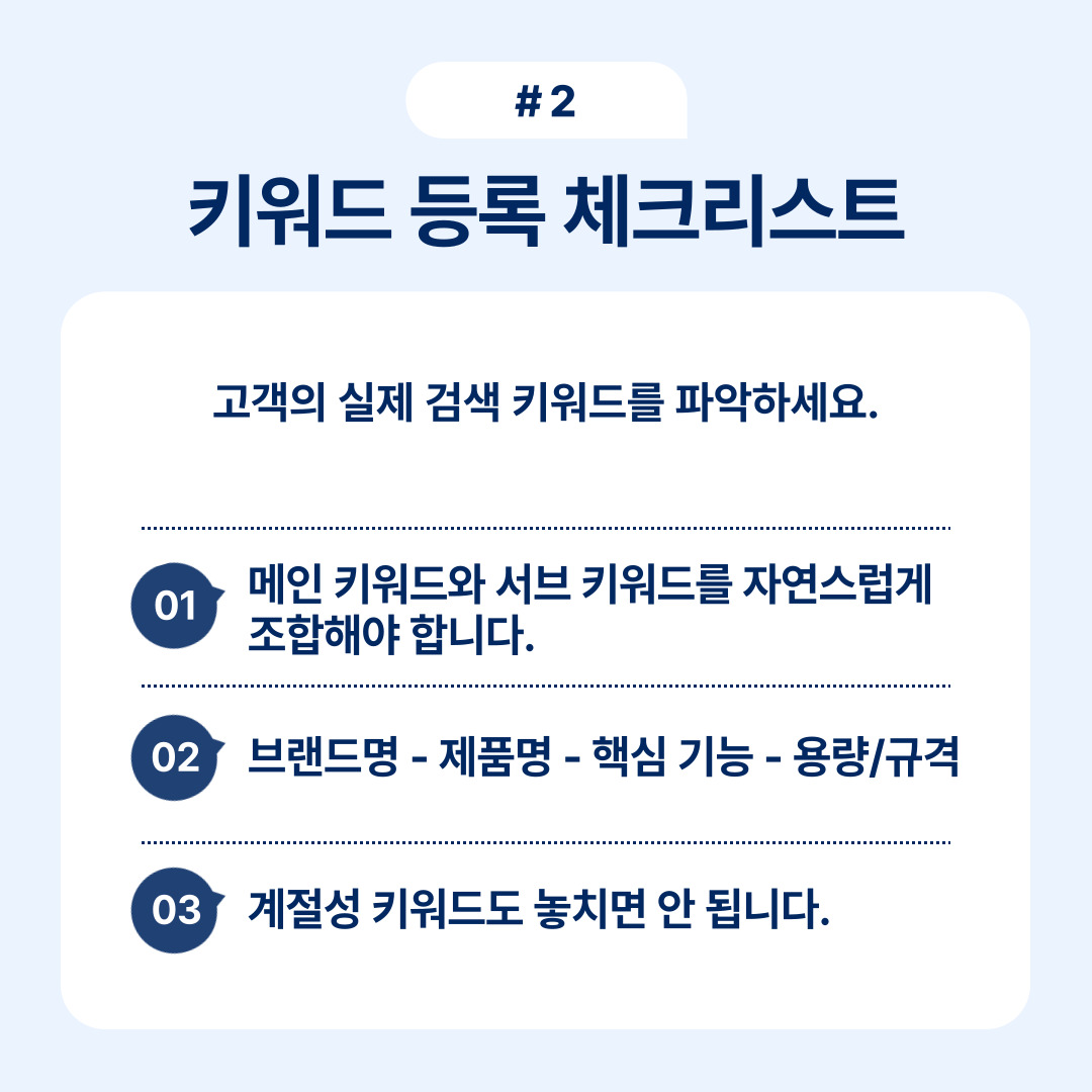 키워드 등록 체크리스트에 관한 이미지로, 고객의 실제 검색 키워드를 파악하는 중요성을 강조합니다.