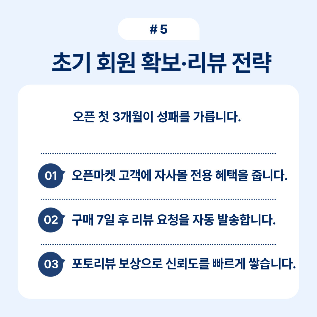 자사몰 제작 성공 전략 2025 5 초기 회원 확보 및 리뷰 전략, 오픈 후 성패에 대한 전략들.