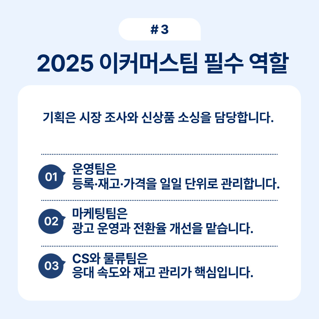 2025년 이커머스 팀의 필수 역할을 정리한 그래픽