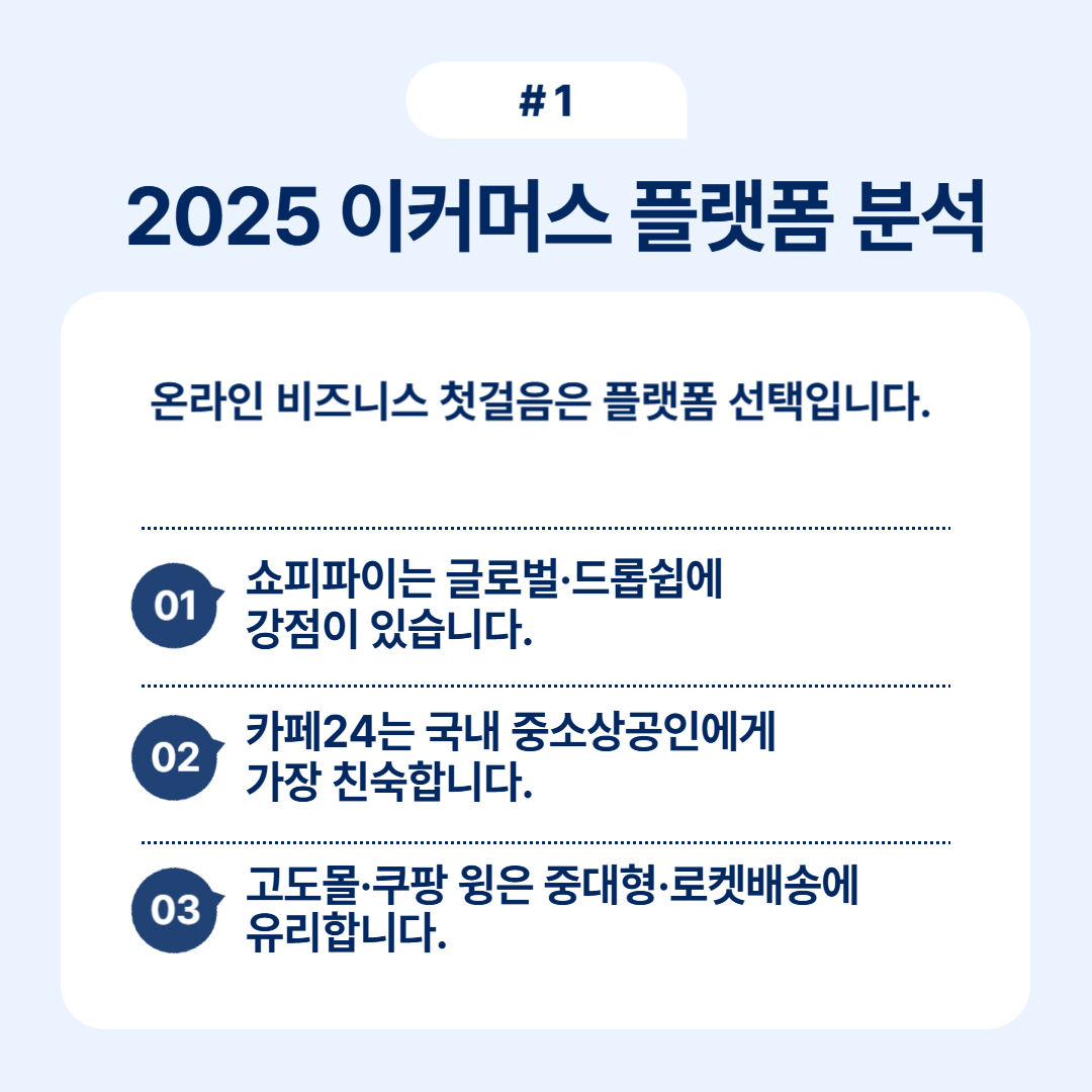 2025년 이커머스 플랫폼 분석 내용, 온라인 비즈니스 첫걸음과 관련된 정보입니다.