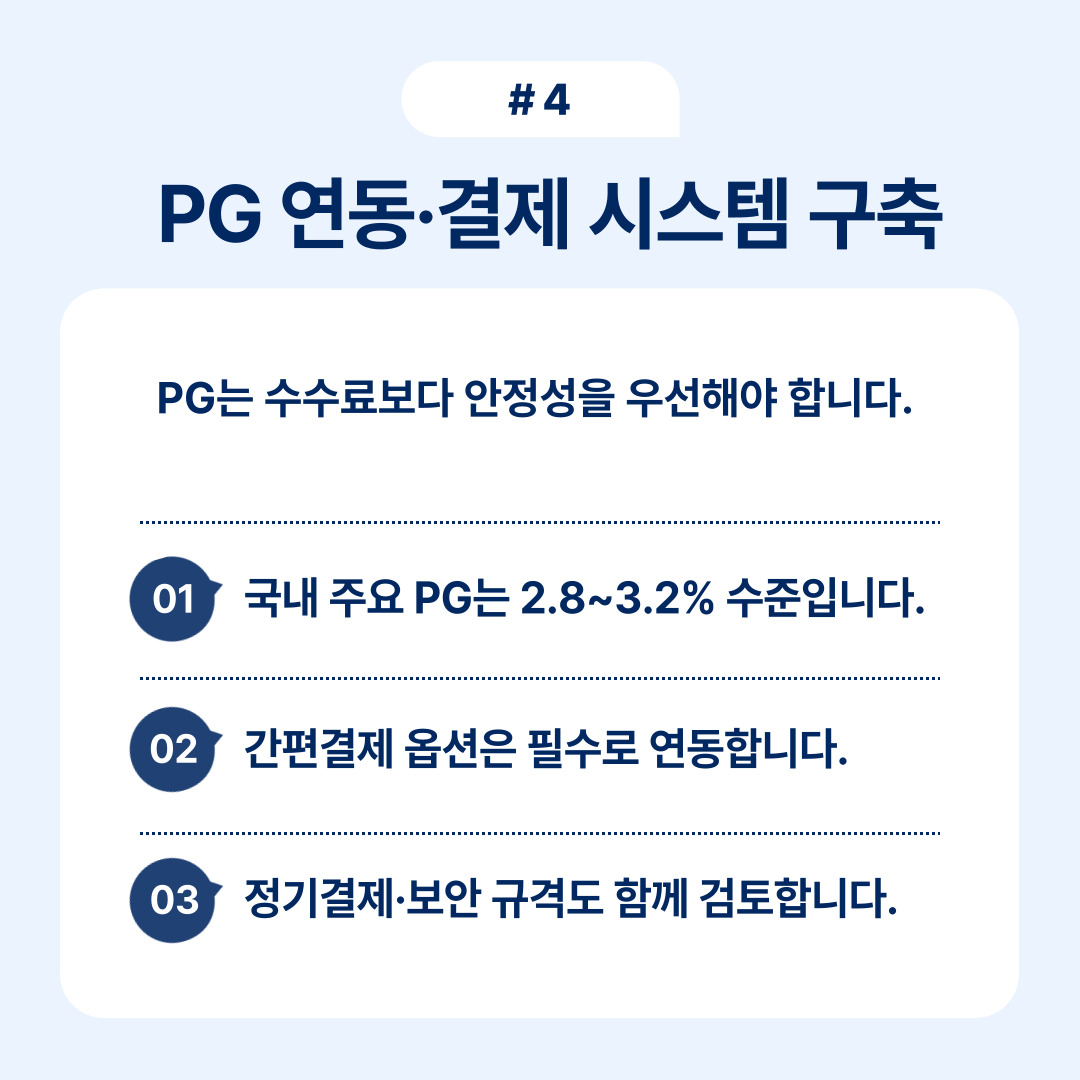 자사몰 제작 성공 전략 2025 4 PG 연동 및 결제 시스템 구축, 안정성과 수수료 안내.