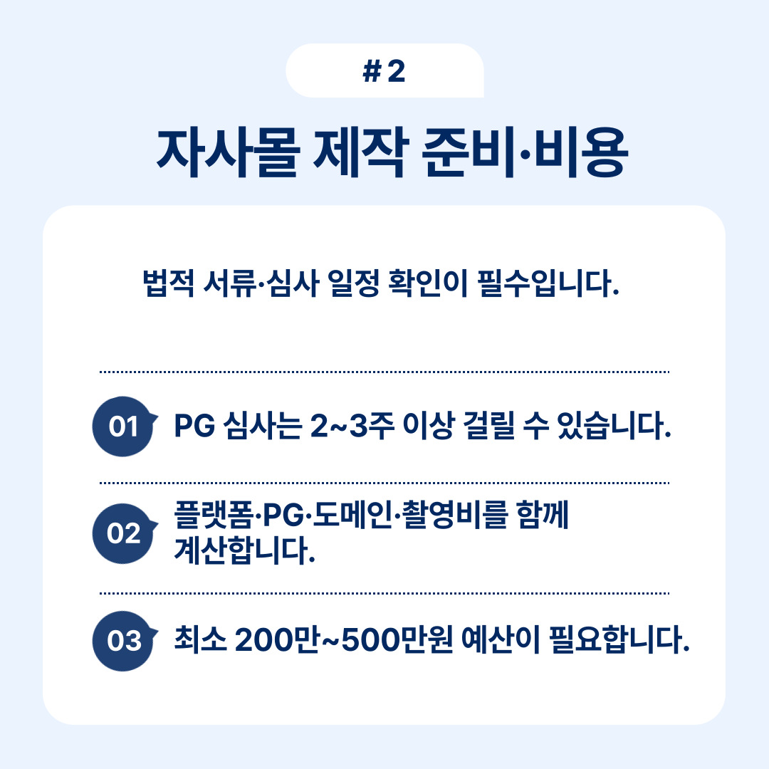 자사몰 제작 준비 및 비용, 법적 서류와 심사 일정 안내.