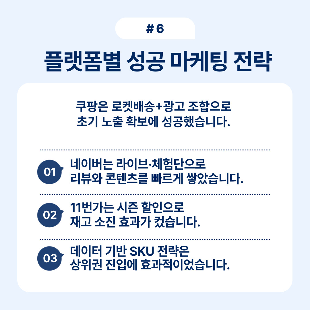 다양한 플랫폼에서 성공적인 마케팅 전략을 설명하는 내용으로, 로켓배송과 광고 조합.