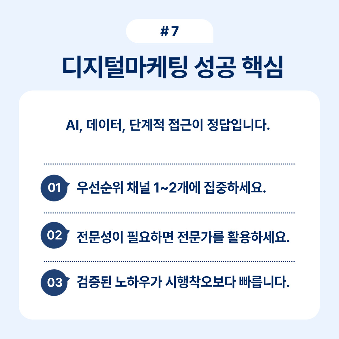 디지털마케팅 방법 5단계 실전가이드 OSC 7 디지털 마케팅의 성공을 위한 AI와 데이터 활용 방안을 소개하며 우선 순위 채널 집중 전략에 대해 다룹니다.