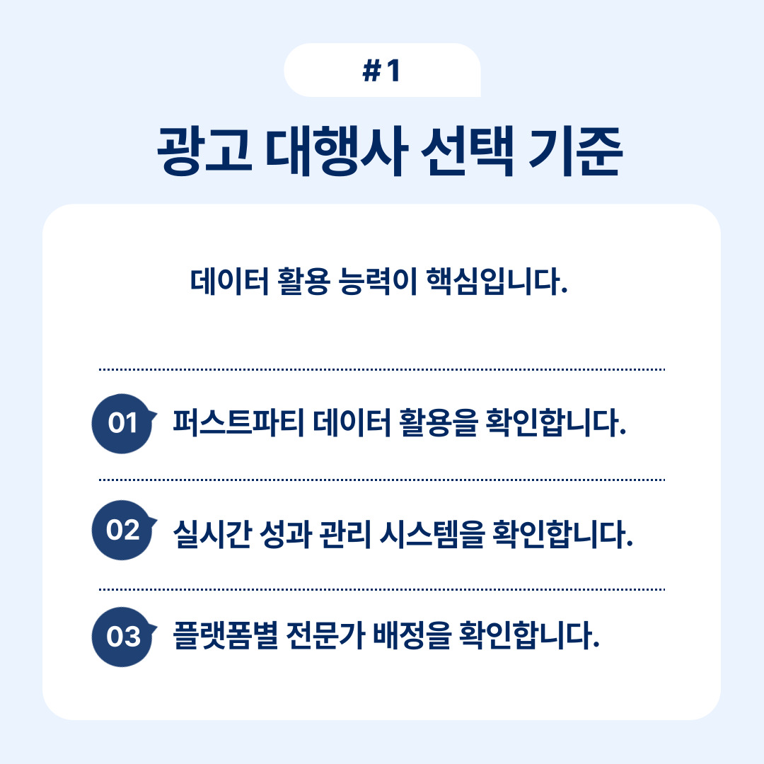 데이터 활용 능력이 핵심인 광고 대행사 선택 기준을 설명하는 내용입니다.