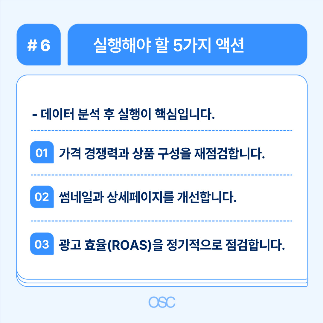 데이터 분석 후 반드시 실행해야 할 5가지 액션을 제시하는 이미지로, 효율적인 운영 관리의 중요성을 강조합니다.