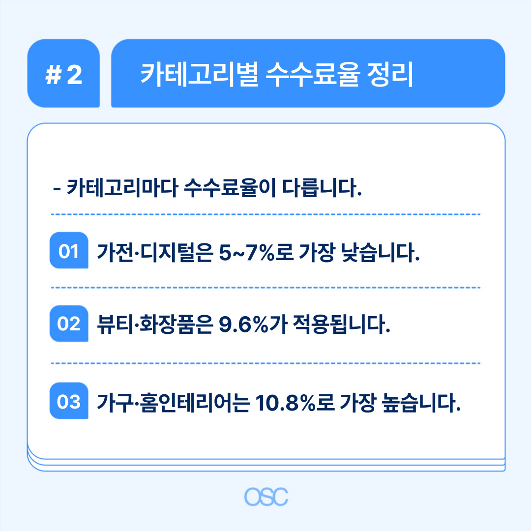 쿠팡 판매자 수수료 2026 완벽정리 5가지 OSC 2 각 카테고리별 수수료율을 정리한 내용의 이미지