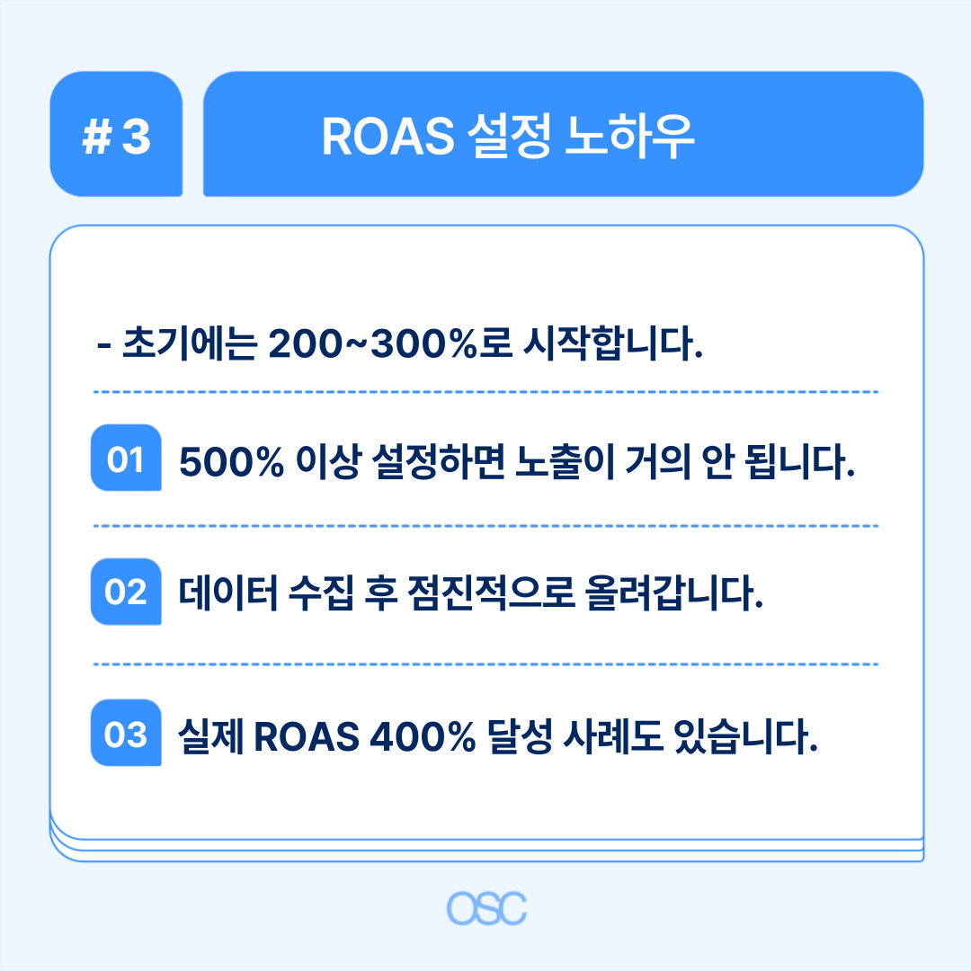 초기 ROAS 설정은 200~300%로 시작하고, 데이터를 수집 후 조정해야 합니다.