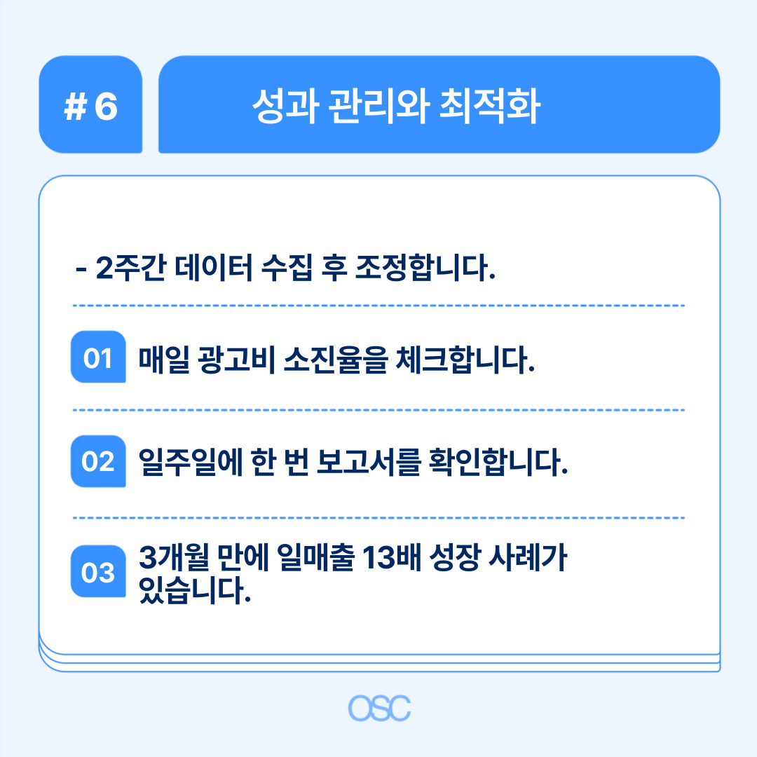 2주간 데이터 수집 후 광고 최적화가 필요하며, 매주 체크해야 합니다.
