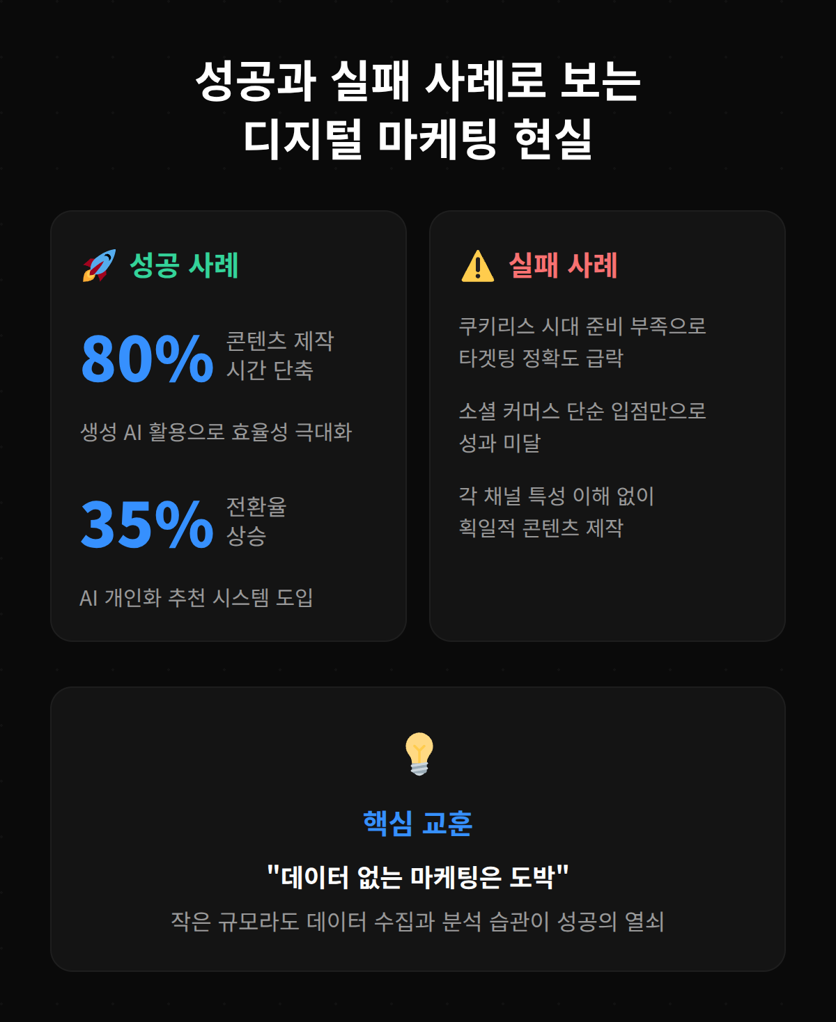 디지털 마케팅의 성공과 실패 사례를 아이디어와 함께 보여주는 이미지입니다.