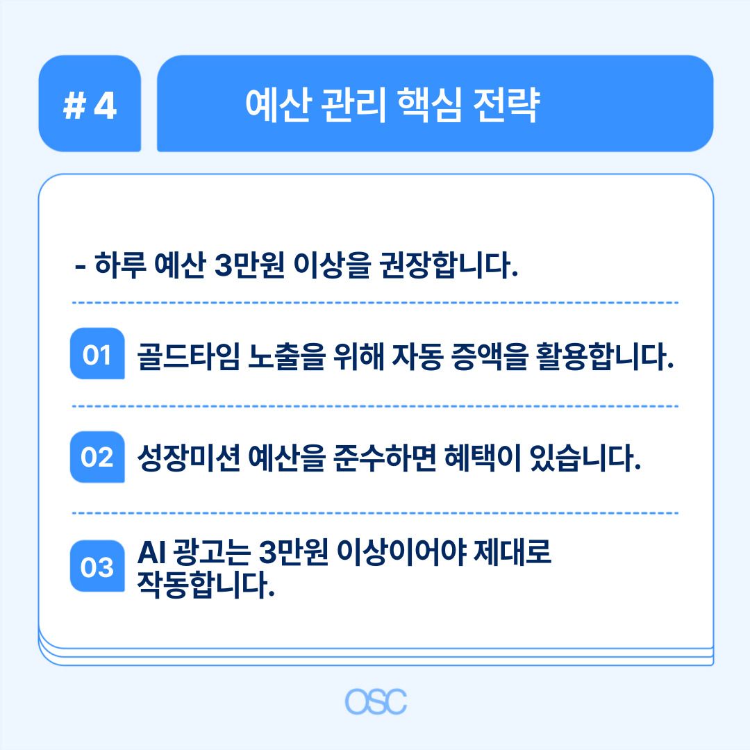 하루 예산 3만원 이상을 권장하며, 자동 증액을 활용해야 합니다.