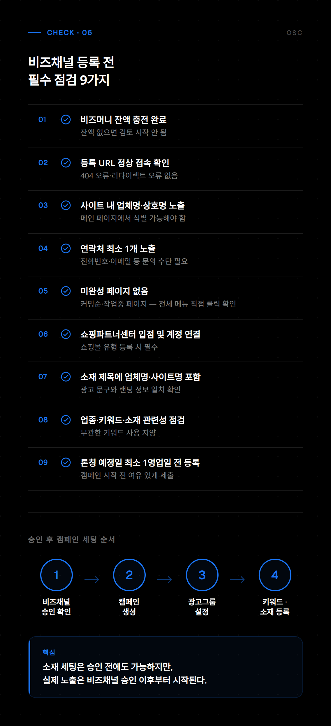 비즈채널 검토 과정에서 채널 유형 선택 및 운영 정책 확인을 위한 설정 화면