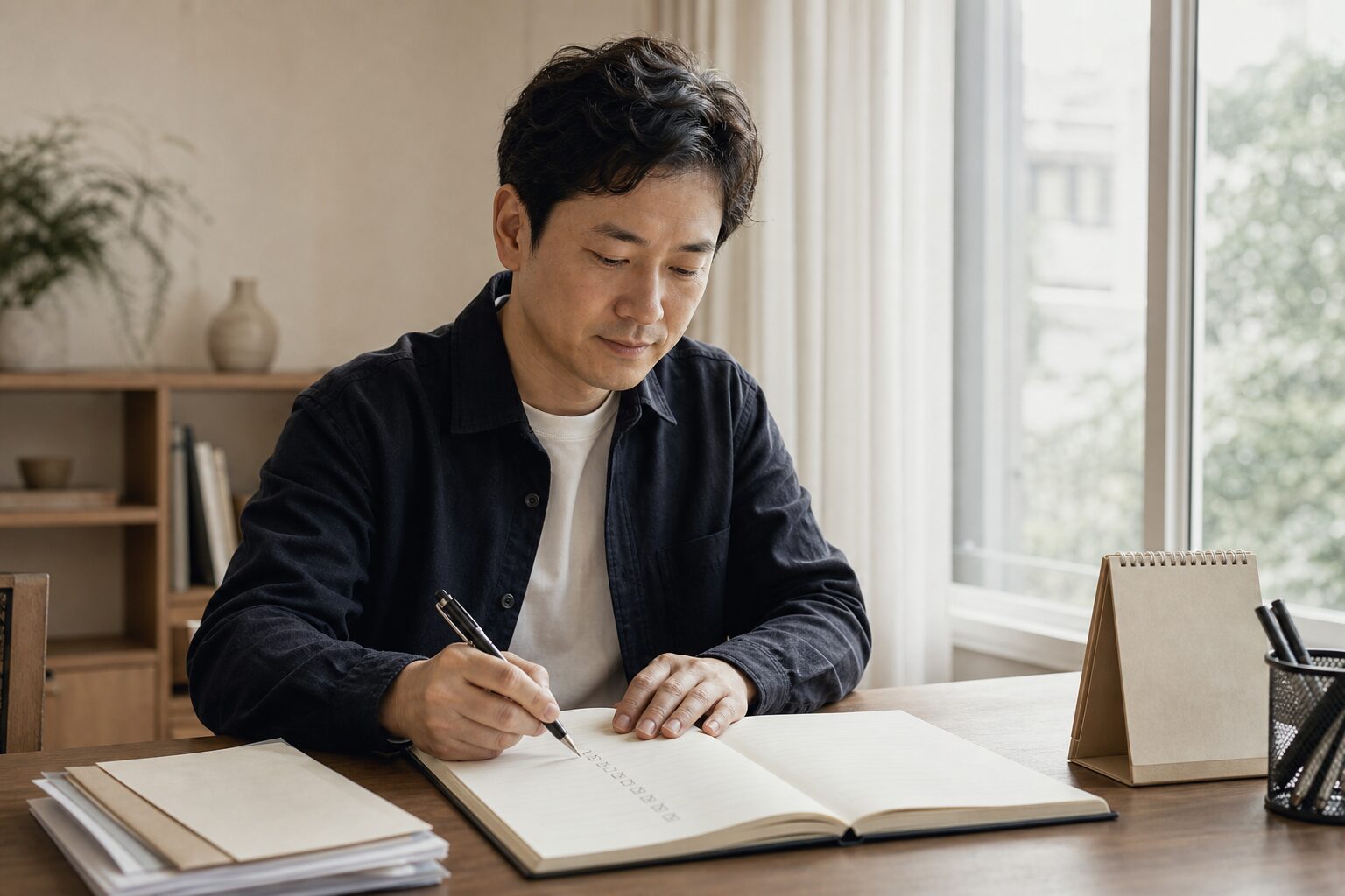 쿠팡 로켓그로스 셀러가 밝은 창가 책상에서 새 운영 계획 노트를 펼쳐놓고 볼펜으로 체크리스트 항목에 표시하며 차분하고 결연한 표정으로 내려다보는 장면