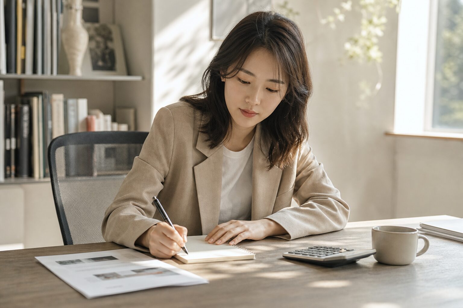 이커머스 광고 담당자가 캠페인 목표를 메모지에 정리하며 집중하는 장면