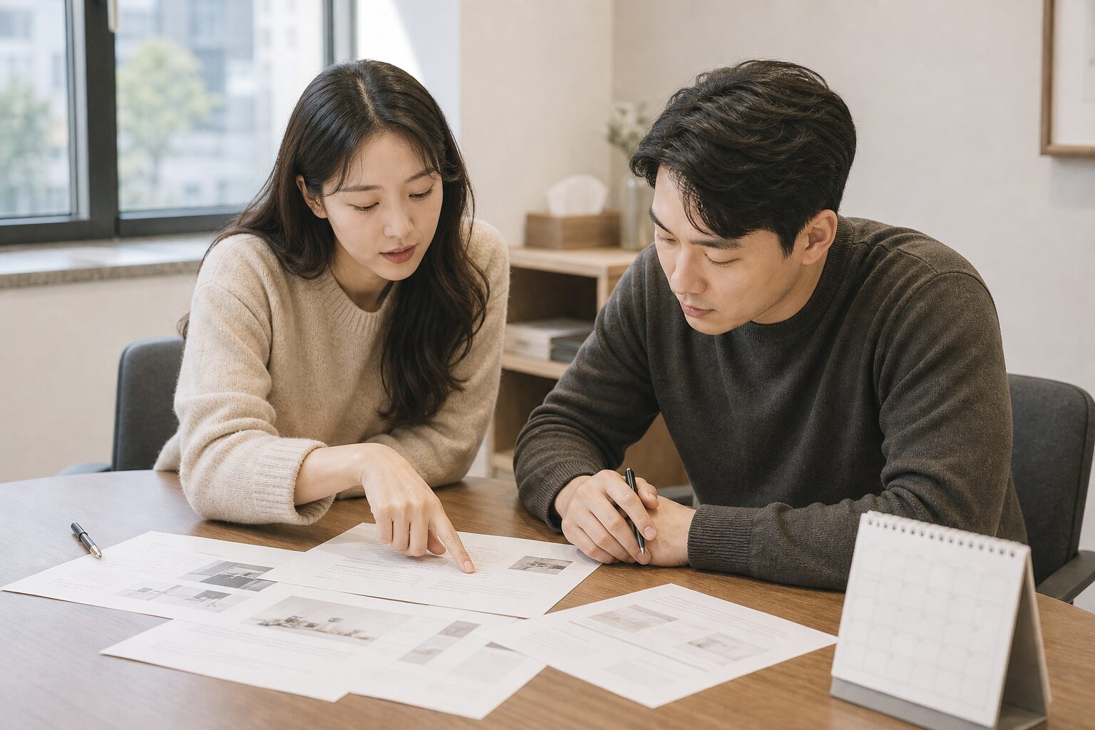 이커머스 브랜드 담당자 두 명이 시즌 광고 기획안 서류를 함께 검토하며 논의하는 협업 장면