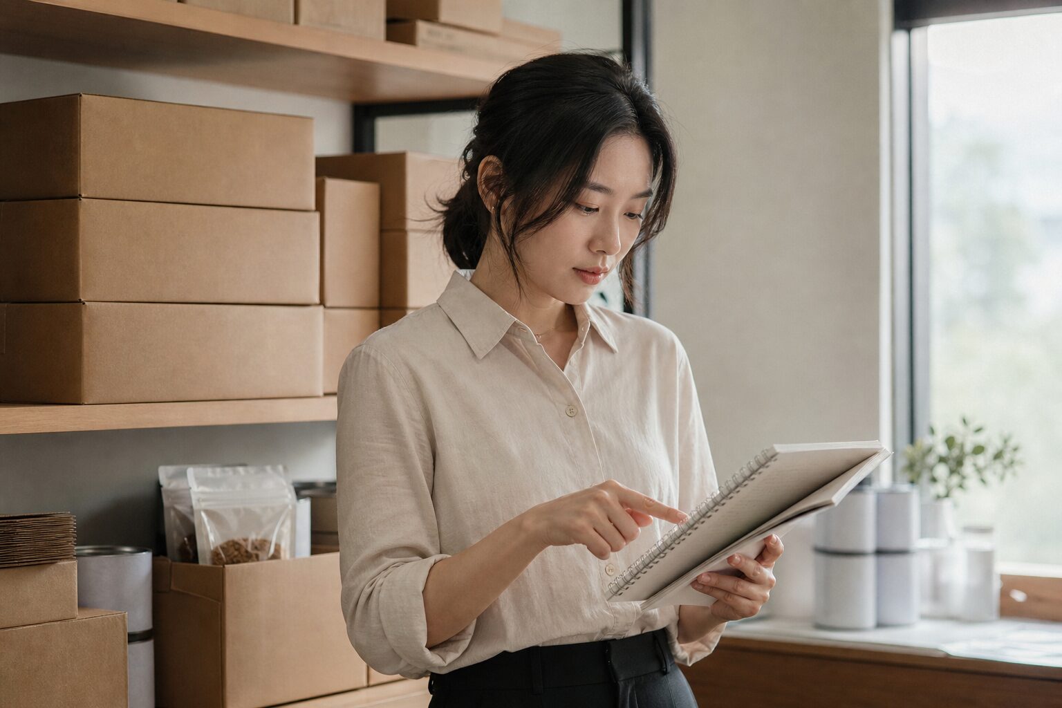 식품 이커머스 담당자가 쿠팡 상품 박스 옆에서 광고 운영 기록 노트를 점검하는 장면