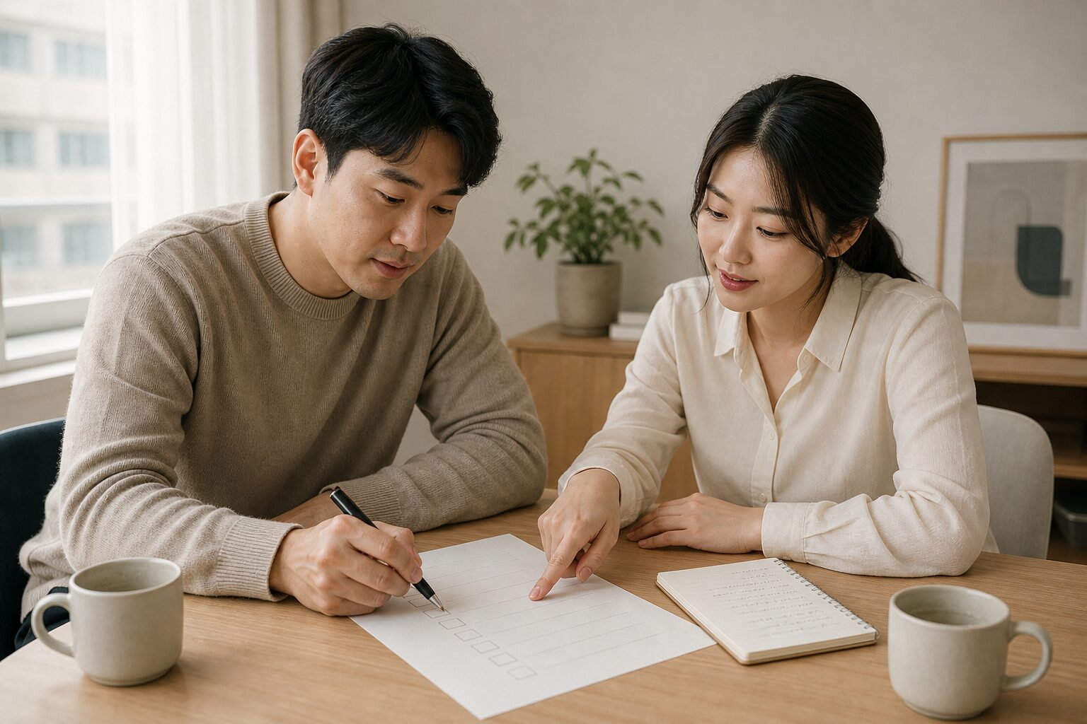광고 운영 담당자 두 명이 인쇄된 입찰 전략 점검 체크리스트를 함께 보며 다음 액션을 논의하는 장면