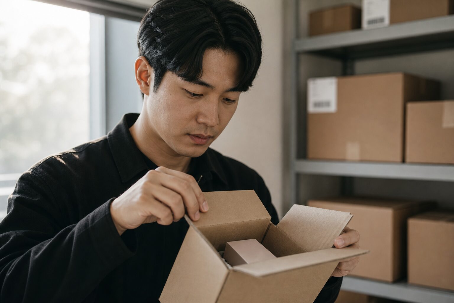 한국 소규모 뷰티 브랜드 운영자가 창고 선반 앞에서 반품된 택배 상자를 열어 상품 상태를 꼼꼼히 확인하는 클로즈업 장면
