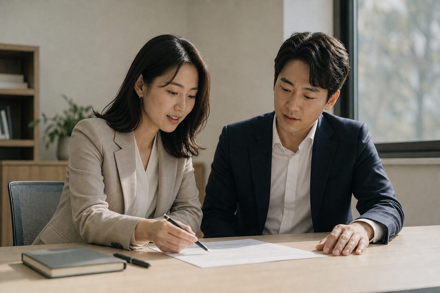한국 커머스 운영 대행사 담당자 두 명이 사무실 테이블에서 광고 집행 계획이 적힌 종이 기획안을 함께 들여다보며 손가락으로 특정 항목을 가리키며 논의하는 협업 장면