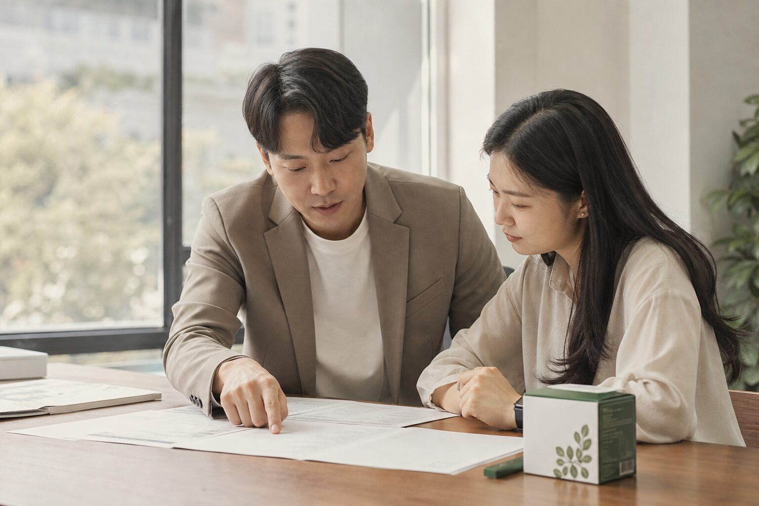 두 사람이 책상 위에 펼쳐진 서류 문서를 함께 검토하며 한 명이 특정 항목을 손가락으로 짚고 있는 협업 장면, 건강기능식품 소형 패키지가 옆에 놓여 있음
