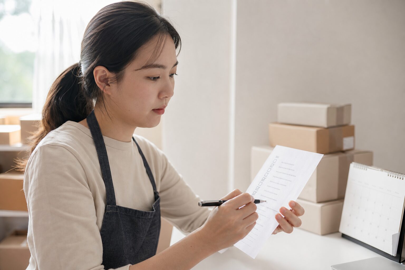 쿠팡 셀러가 프린트된 체크리스트 용지를 한 손에 들고 펜으로 항목을 체크하며 검토하는 클로즈업, 배경에 상품 박스와 탁상 달력이 흐릿하게 보임